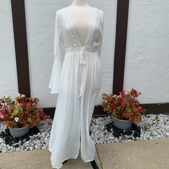 New Boho Flowy Mesh Lace Tie Maxi Kimono Dress Duster Jacket Robe Swim Cover Up - Picture 13 of 16